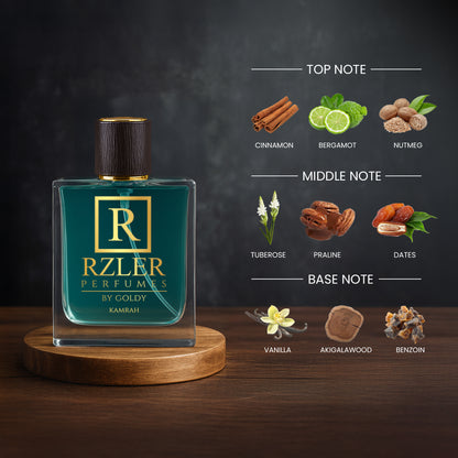 RZLER Kamrah Perfume For Men – A Warm, Long Lasting Perfume for Men With Cinnamon, Dates, Praline, and Vanilla Notes | Luxury Gift for Men